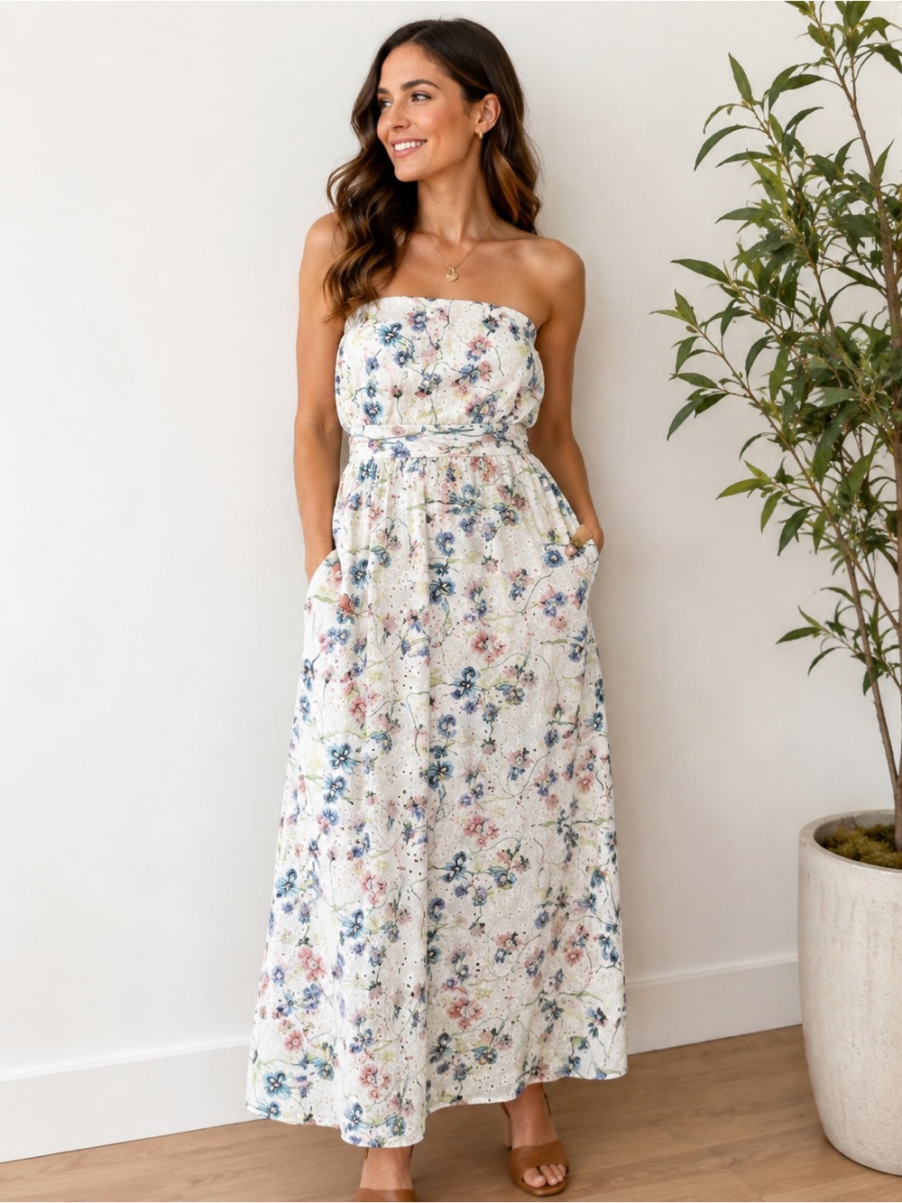 Storia Strapless Floral Eyelet Maxi Dress | Size Large